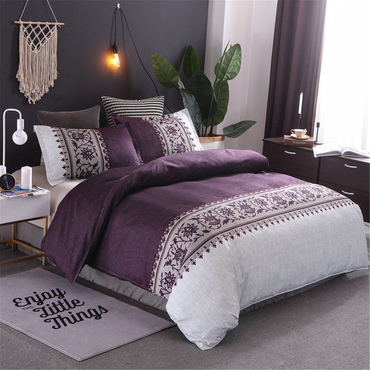 Double Queen K ing 3PCS Bedding Set Purple Duvet Quilt Cover Bed Pillow ...